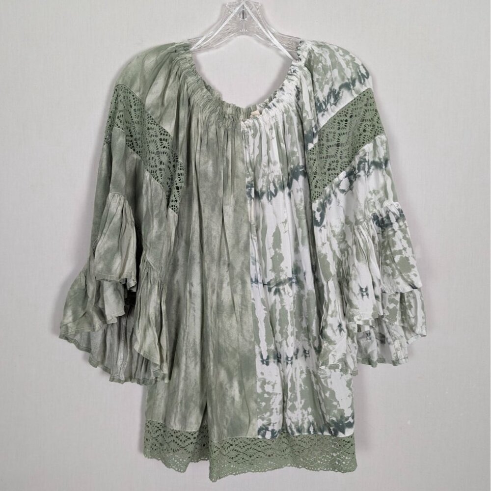 SURF GYPSY Sage Green Tie Dye Off The Shoulder Lace bell sleeve Tunic Sz‎ M